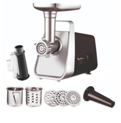  Зображення М'ясорубка Moulinex, 1600Вт, продук.-1.9кг/хв, 3 решітки + для ковбас., 3 терки, насадка для томатів, пластик+мет, чорно-сріб. 